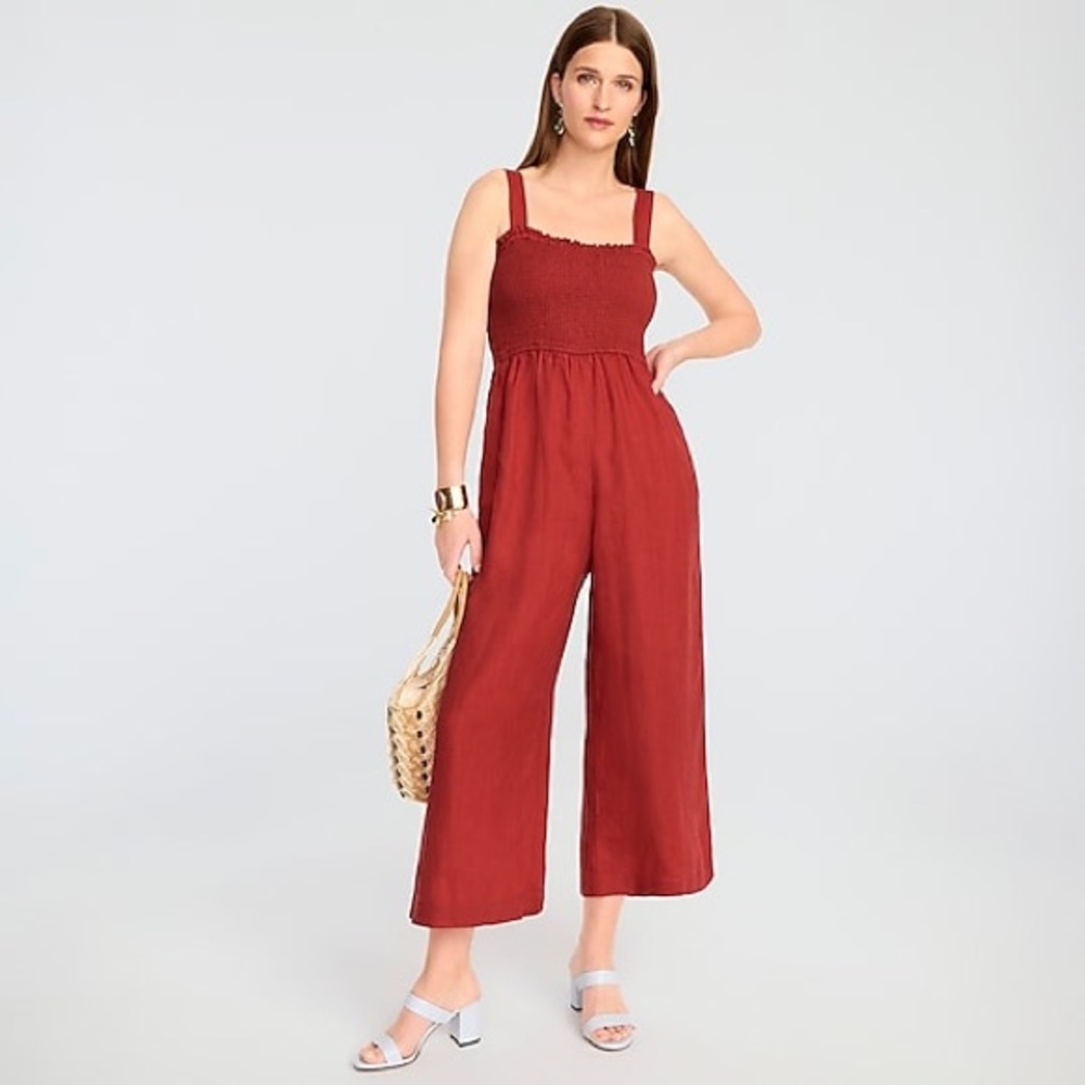 J. Crew Brick Red Smocked Wide-Leg Jumpsuit